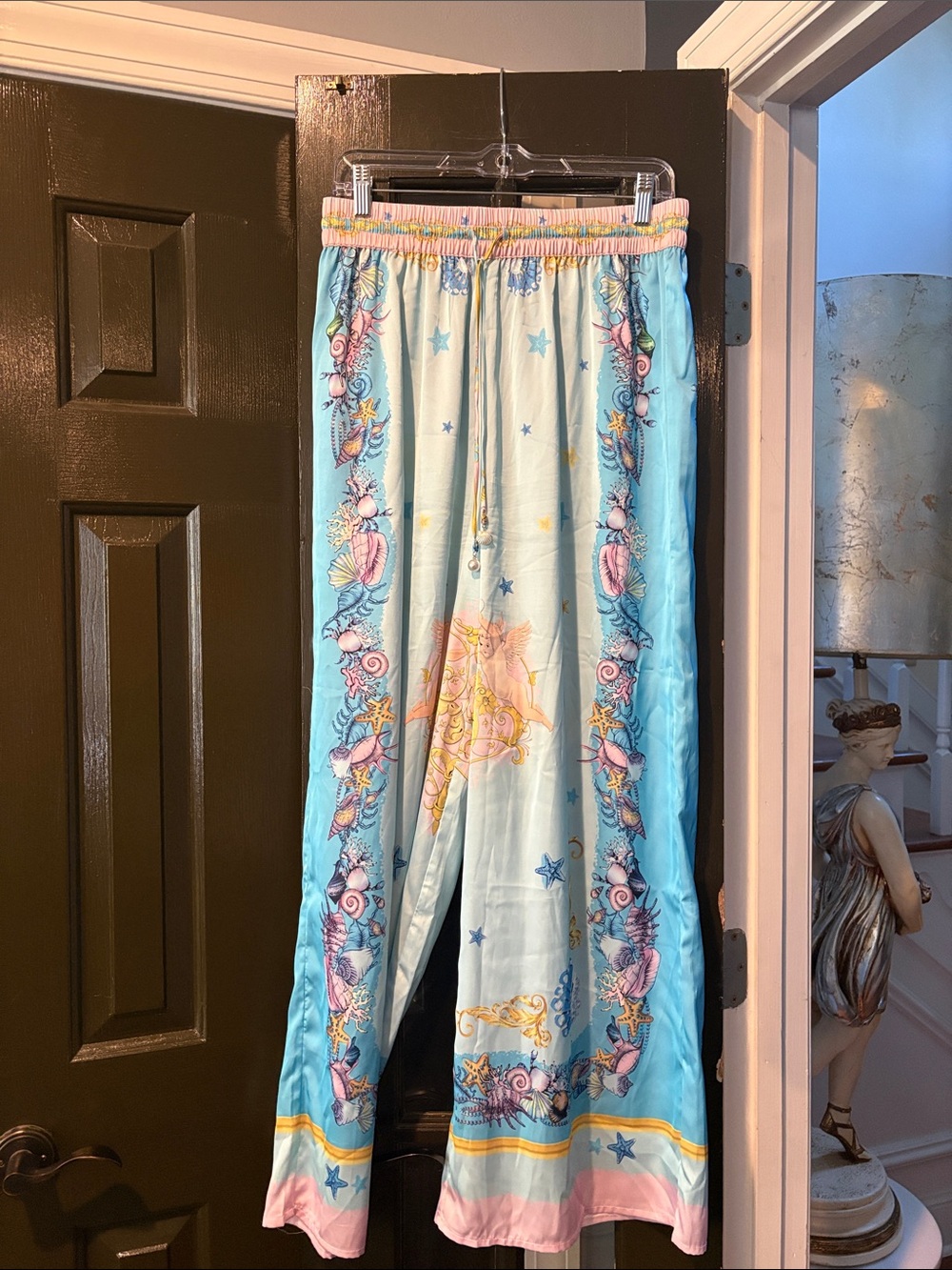Rachel Zoe Light Blue Seashell-Print Wide Leg Pants with Pink Trim